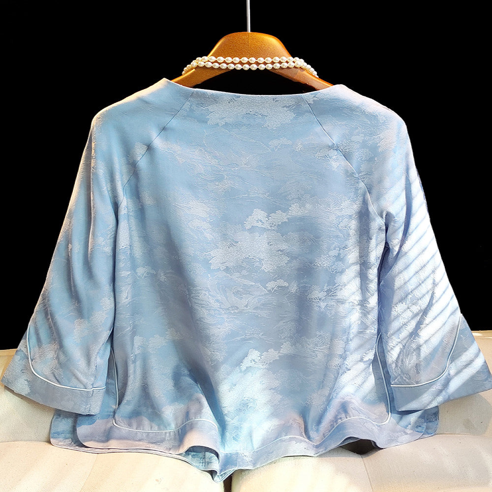 Fashionable new Chinese style improved round neck shirt with women s design sense seven quarter sleeve improved retro buckle casual versatile top image 2