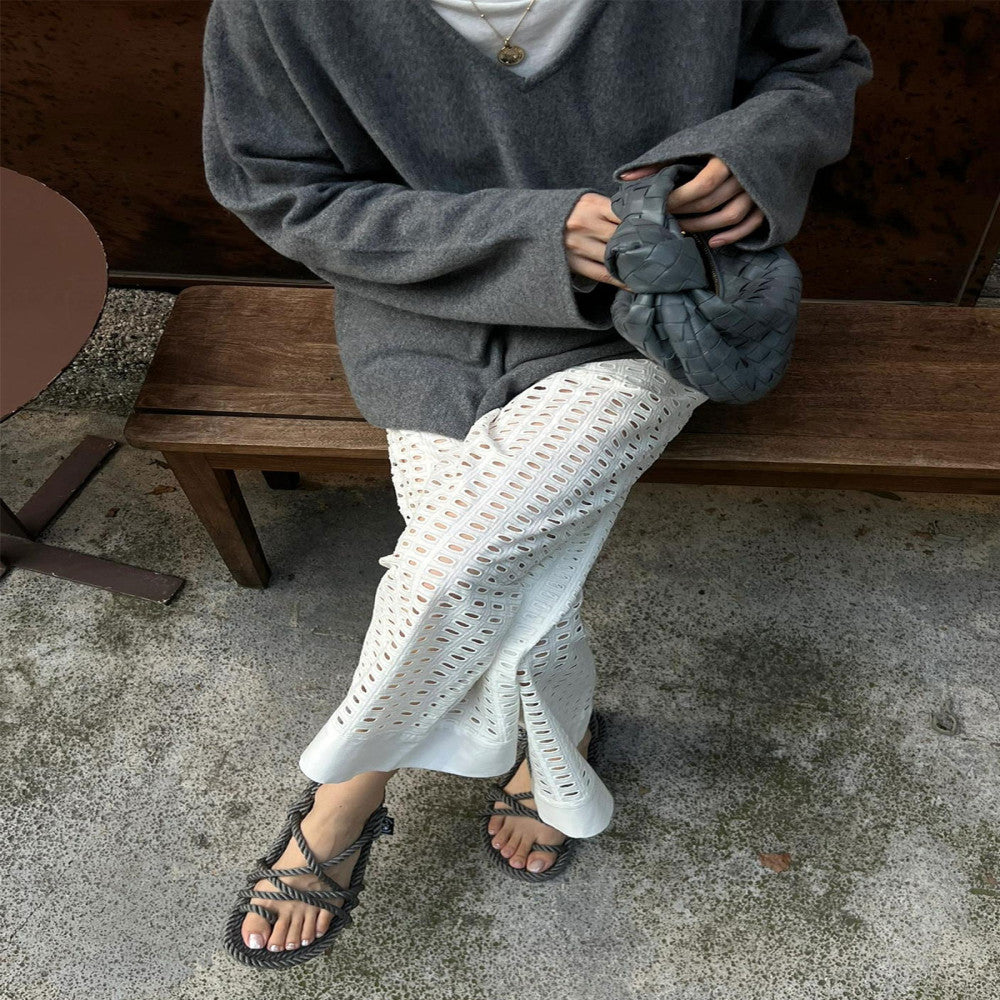 Japanese white lazy Yamamoto pants for early autumn short with hollowed out holes slightly flared casual wide leg pants for women image 1