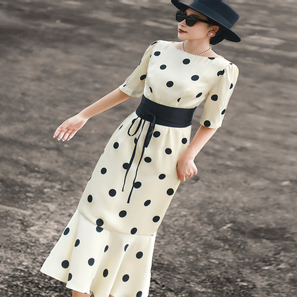 Lanser 2025 Summer New Style French Retro Waist Strap Wave Point Imitation Acetate Fish Tail Dress for Women image 3
