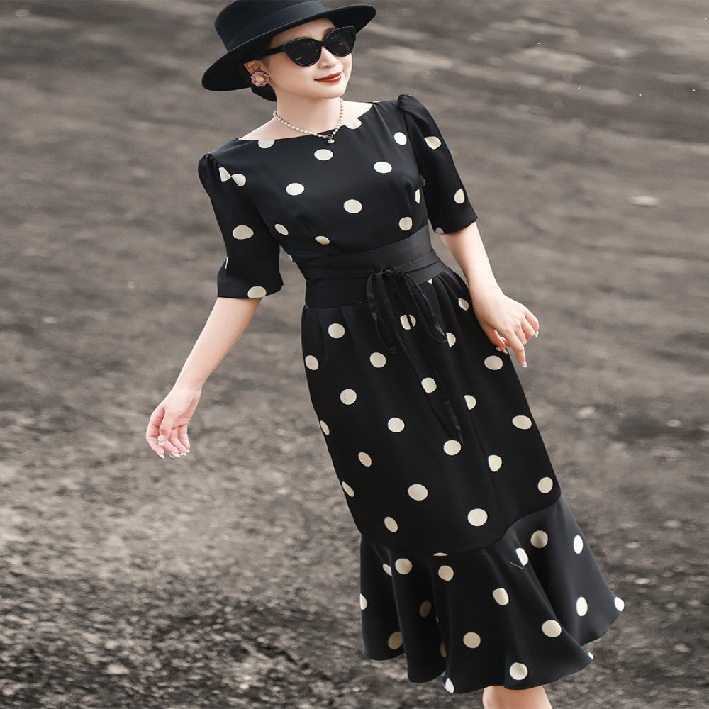 Lanser 2025 Summer New Style French Retro Waist Strap Wave Point Imitation Acetate Fish Tail Dress for Women image 5