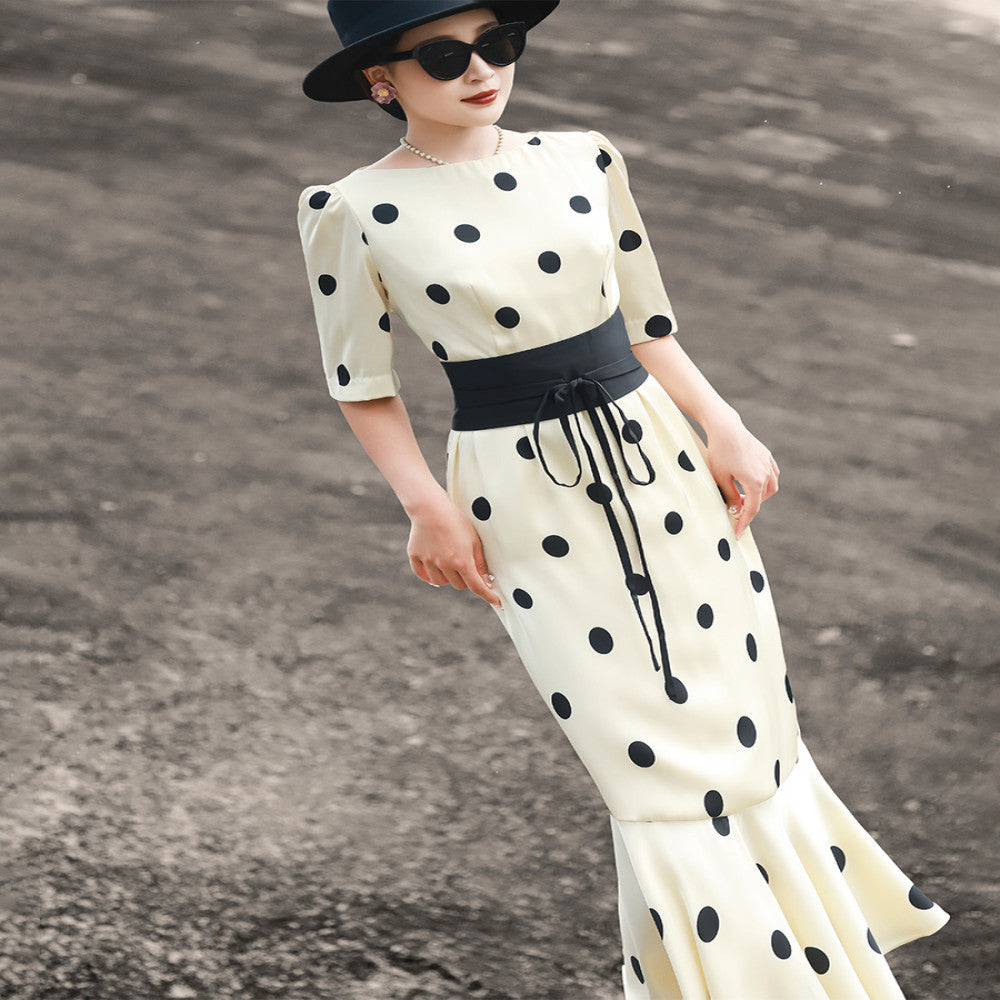 Lanser 2025 Summer New Style French Retro Waist Strap Wave Point Imitation Acetate Fish Tail Dress for Women image 14