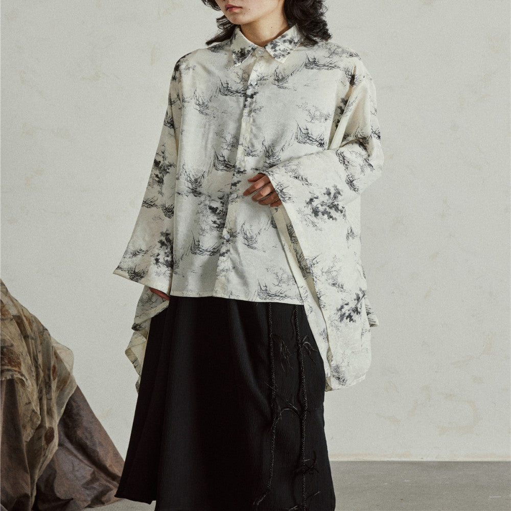 SUNYVONNE niche design new Chinese style improved wide sleeved shirt with ink printing Chinese style hanging loose top image 8