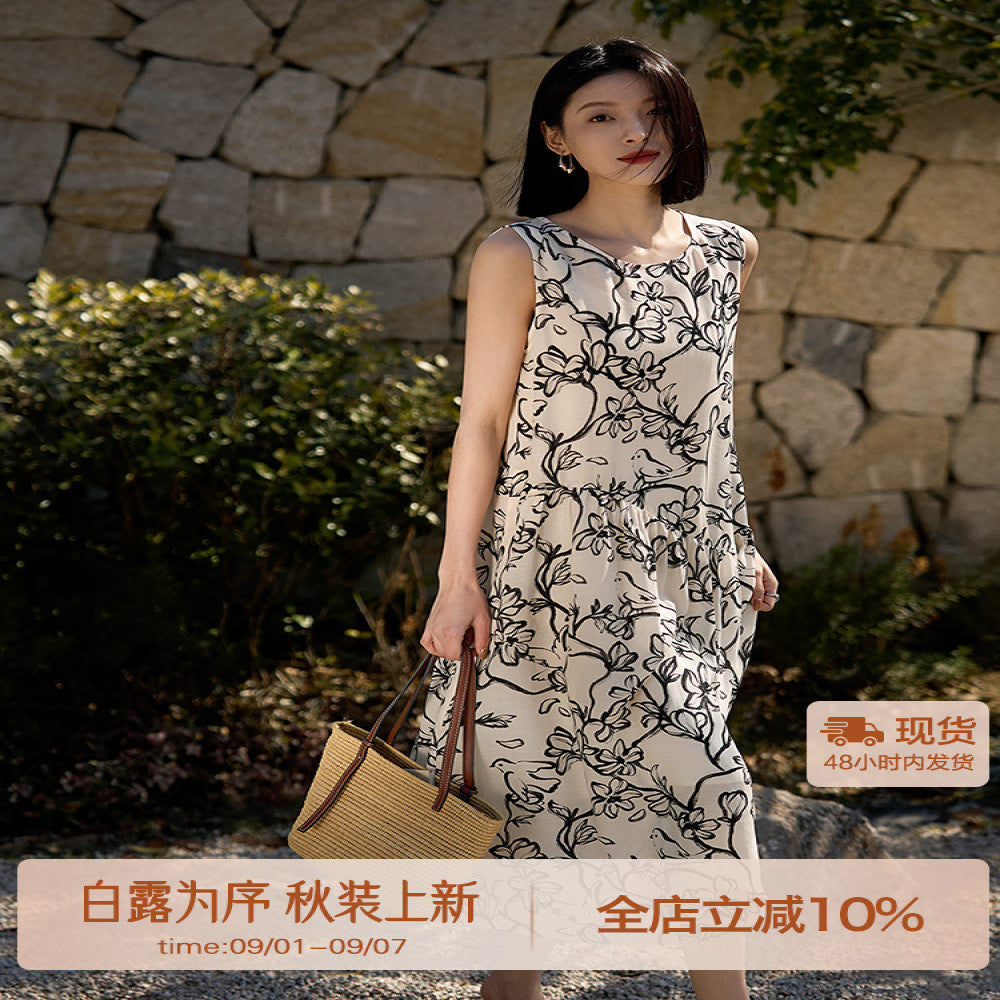 Laughing Han Floating Ink Tencel Flax Loose Round Neck Sleeveless Dress Ink Stained Printed Skirt 25 Spring New image 1