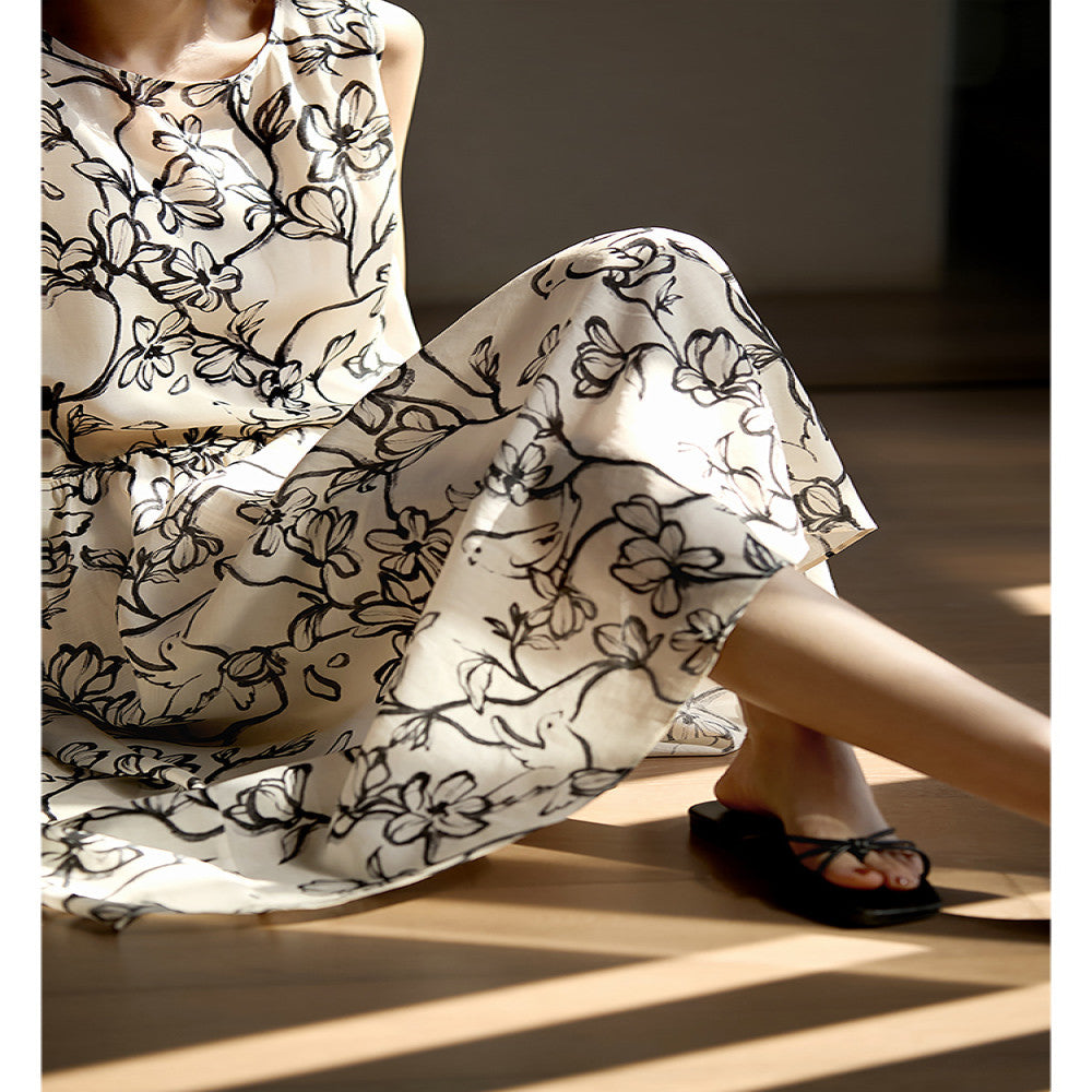 Laughing Han Floating Ink Tencel Flax Loose Round Neck Sleeveless Dress Ink Stained Printed Skirt 25 Spring New image 2