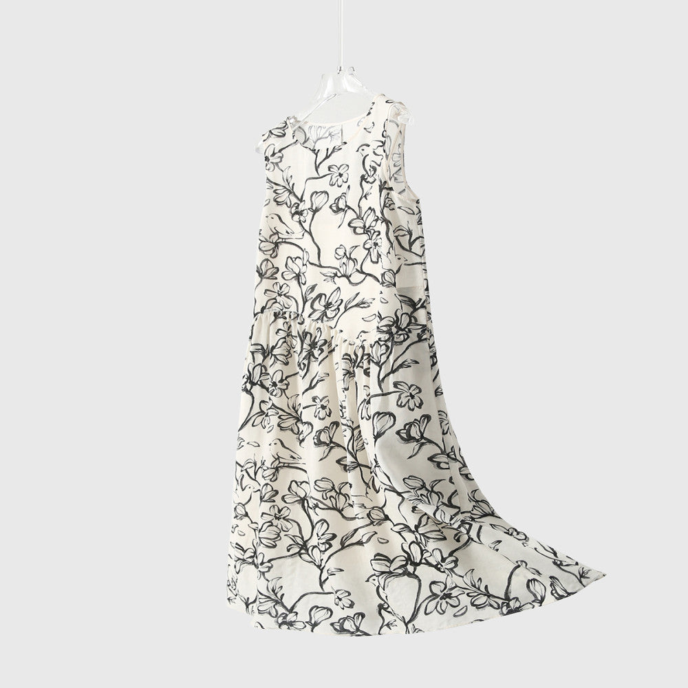Laughing Han Floating Ink Tencel Flax Loose Round Neck Sleeveless Dress Ink Stained Printed Skirt 25 Spring New image 3