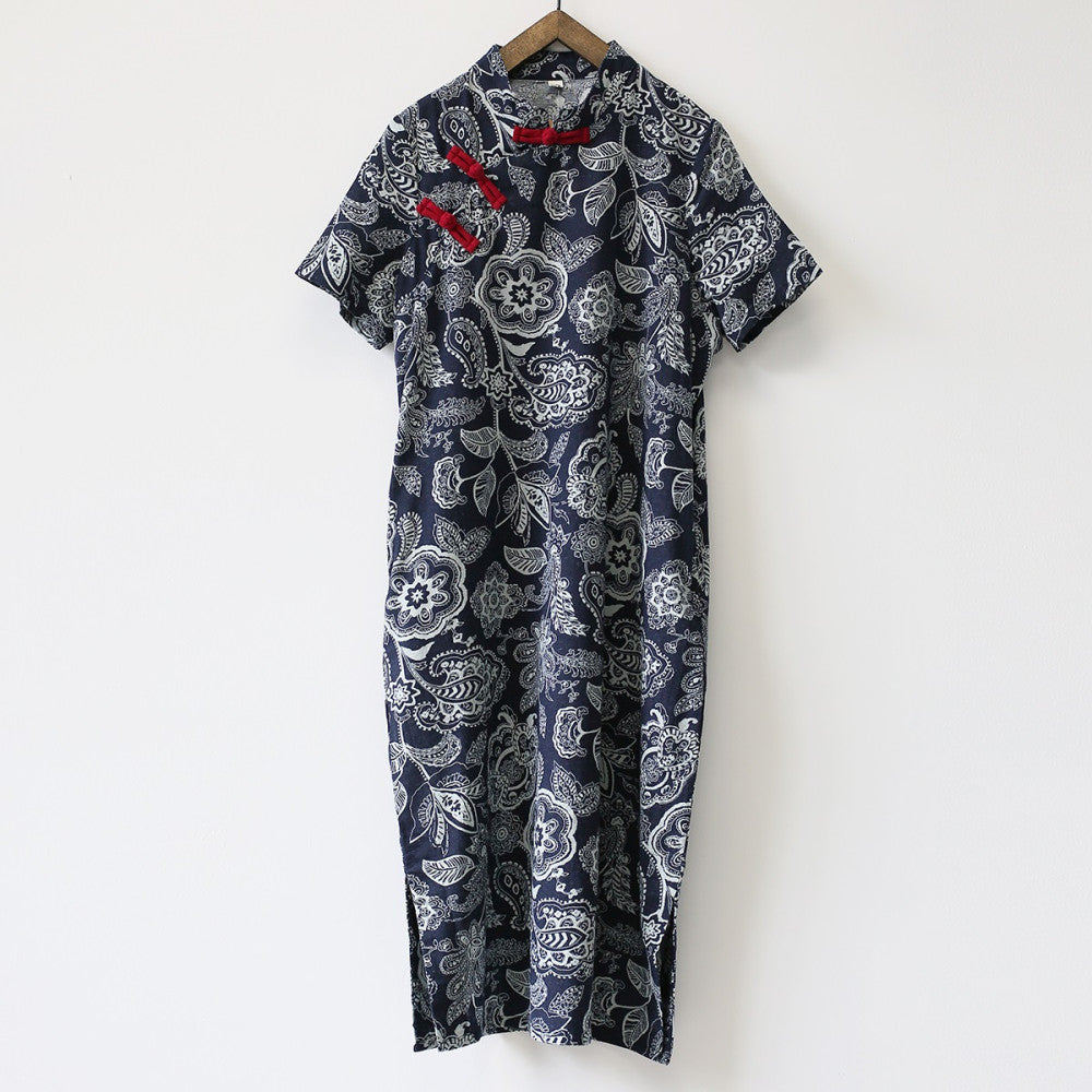 Ethnic style women s clothing original artistic floral cotton and linen dress in large size loose and Zen style retro buttoned long skirt robe image 5
