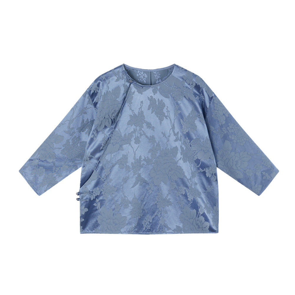 Ruyi Lianyun Maomo Silk Dark Pattern Jacquard Shirt for Women New Chinese Style Slant breasted Jade Button Top image 8