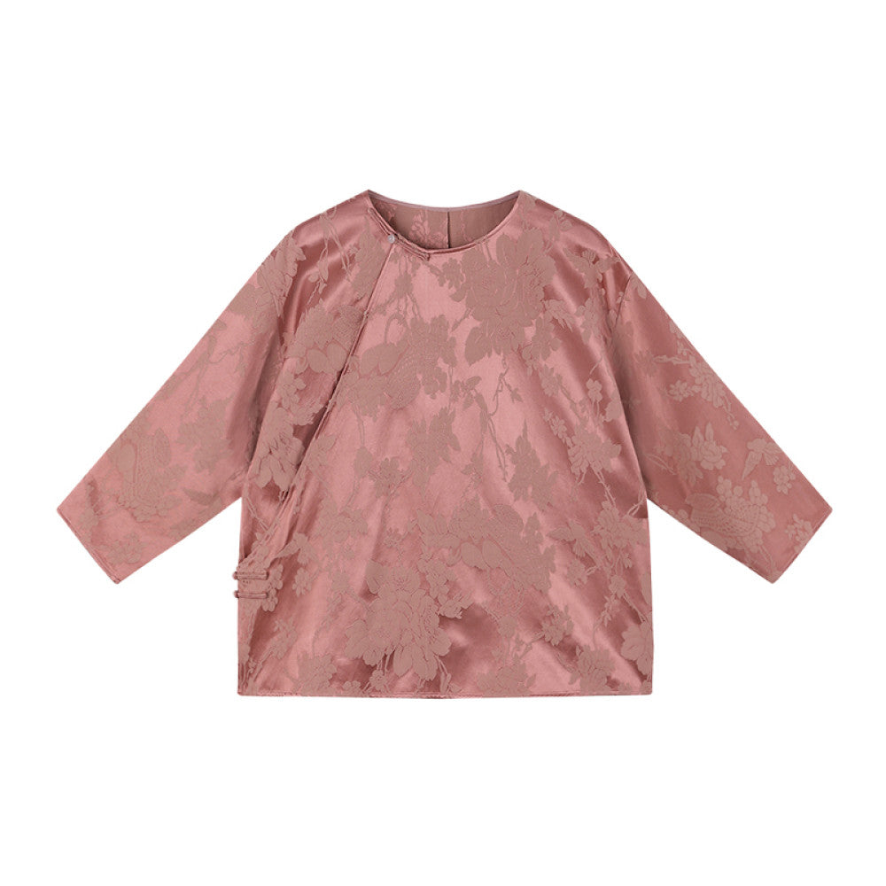 Ruyi Lianyun Maomo Silk Dark Pattern Jacquard Shirt for Women New Chinese Style Slant breasted Jade Button Top image 18
