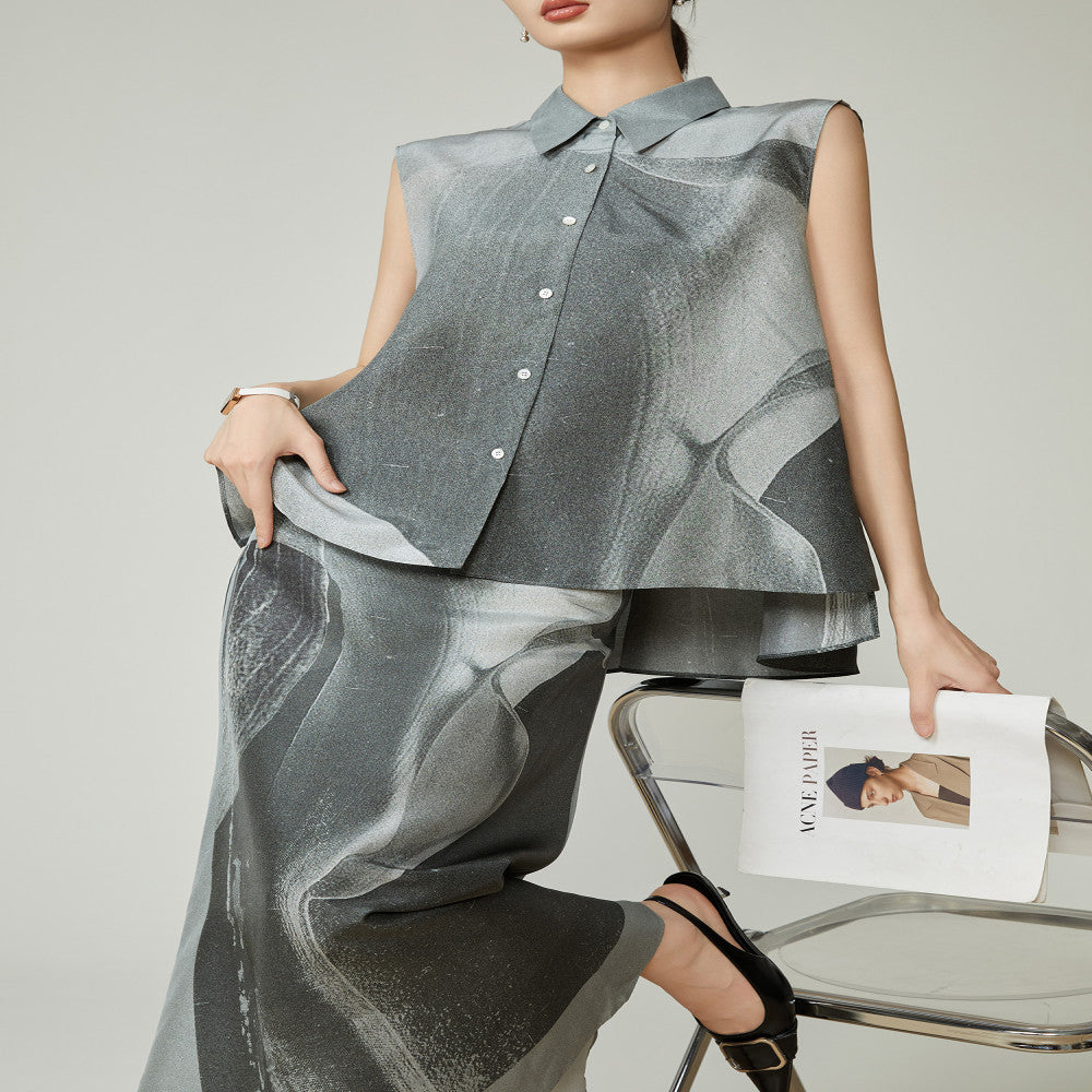 Hu Ke s gray sleeveless vest set for women s 2025 summer new shirt half skirt clean fit two piece set image 15