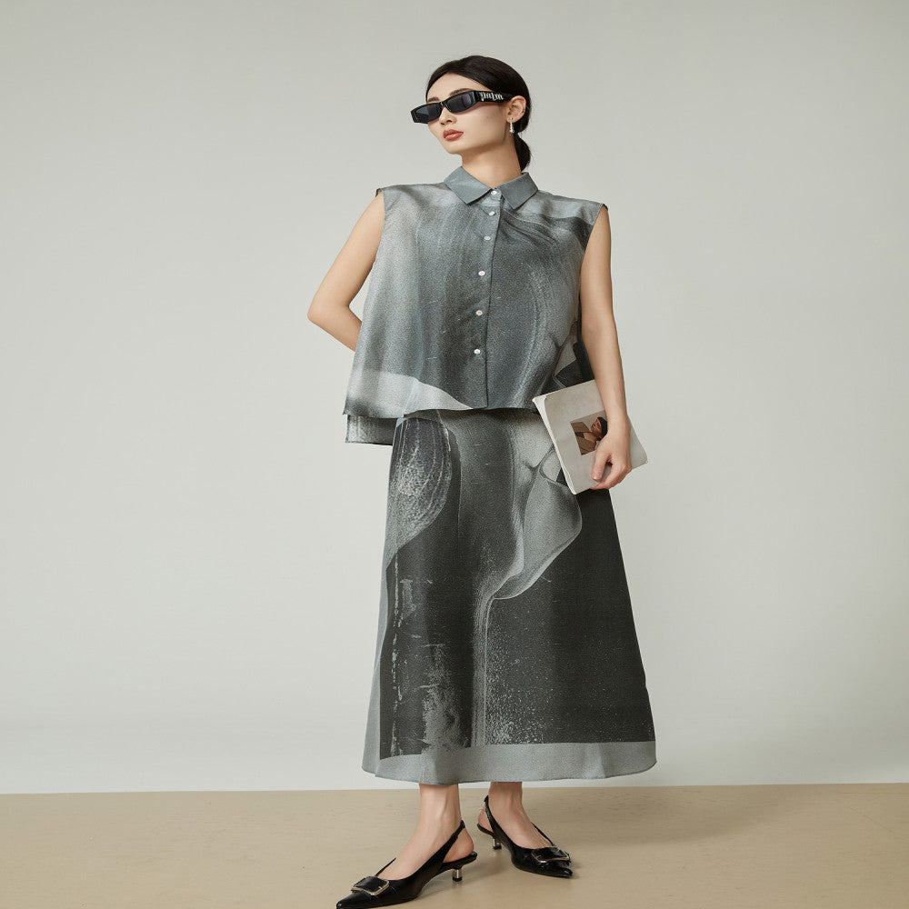 Hu Ke s gray sleeveless vest set for women s 2025 summer new shirt half skirt clean fit two piece set image 28