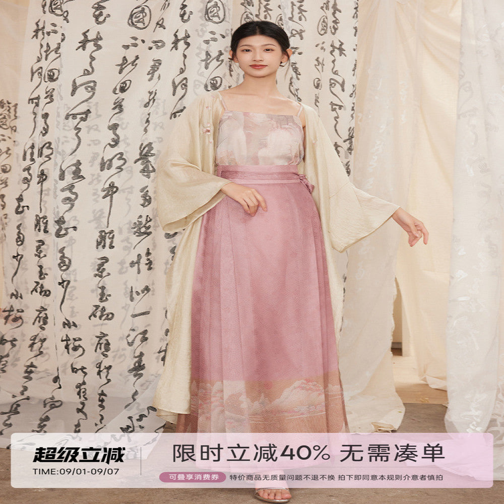 Listening to the Peach Blossom Spring Chronicles Hanfu Women s Summer National Style Printed Anti Light and Thin Long Shirt Set with Ming System Improved Horse Face Skirt image 1