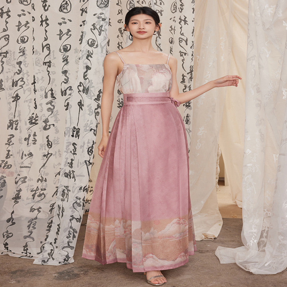 Listening to the Peach Blossom Spring Chronicles Hanfu Women s Summer National Style Printed Anti Light and Thin Long Shirt Set with Ming System Improved Horse Face Skirt image 4