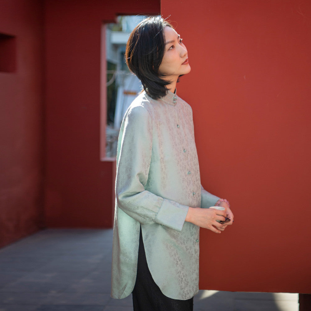 Summer New Chinese Art Retro Improvement Chinese Style Silk Blended Jacquard Stand up Collar Shirt Tang style Women s Top image 7