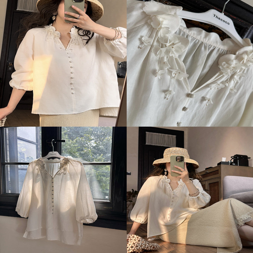 Thecoco Tencel Linen Handmade Pendant Flower Shirt for Women s Spring and Summer Design Sense niche temperament versatile top image 0
