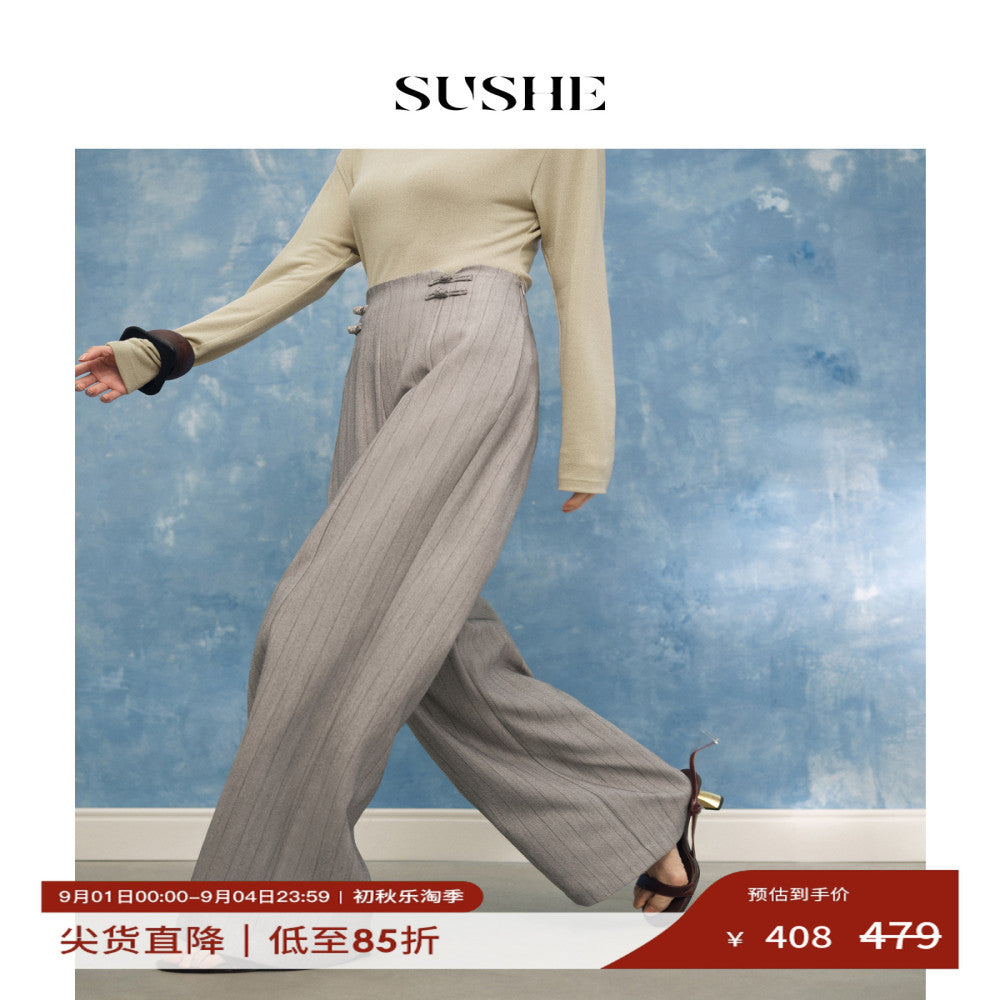 Shuxi SUSHE bamboo fresh Chinese striped waist buckle straight leg suit pants wide leg straight leg pants for women summer image 0