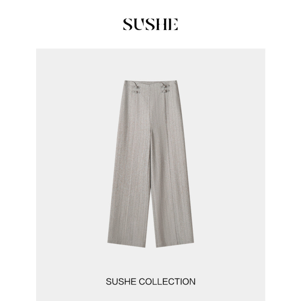 Shuxi SUSHE bamboo fresh Chinese striped waist buckle straight leg suit pants wide leg straight leg pants for women summer image 8
