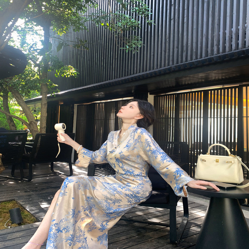 MOSS STUDIO Blue and White Ink Charm New Chinese Style Summer Silk Jacquard Cross breasted Cheongsam Dress for Women image 14