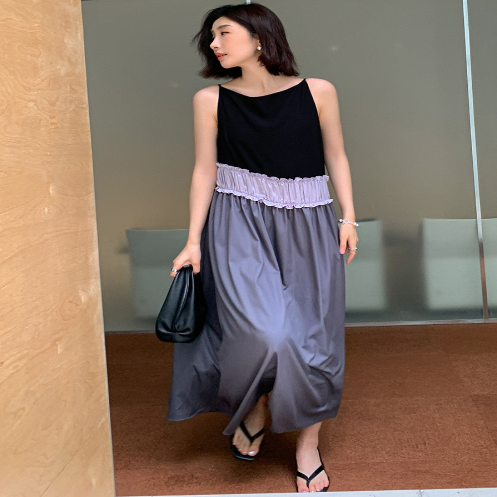 Color blocking patchwork dress for women s summer new design with slim shoulder straps dark rock gray slimming long skirt suspender dress image 2