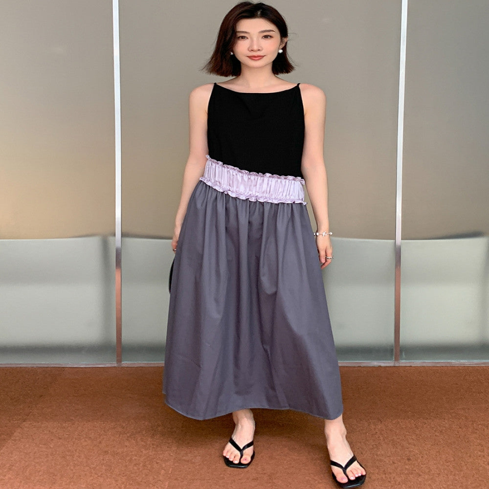 Color blocking patchwork dress for women s summer new design with slim shoulder straps dark rock gray slimming long skirt suspender dress image 3