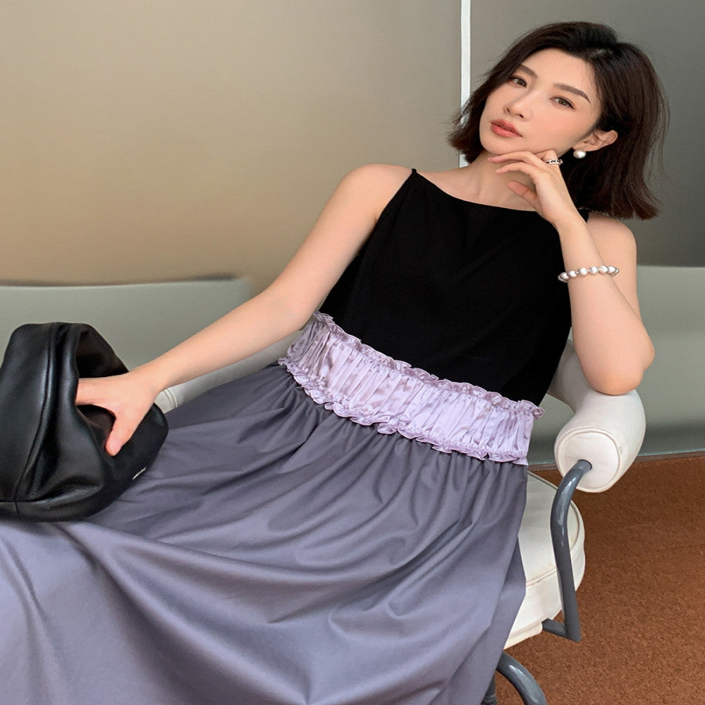 Color blocking patchwork dress for women s summer new design with slim shoulder straps dark rock gray slimming long skirt suspender dress image 4
