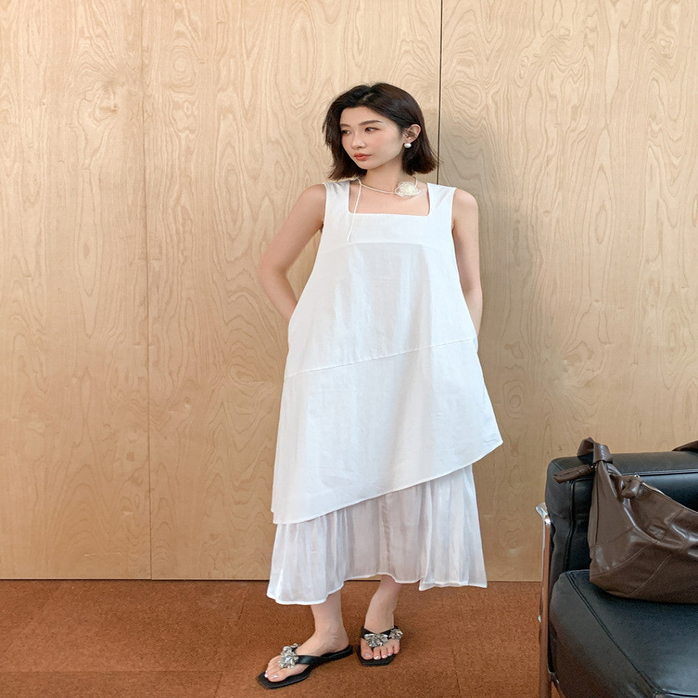 EAMODE French luxury irregular hem patchwork vest dress white fake two piece patchwork long skirt image 1