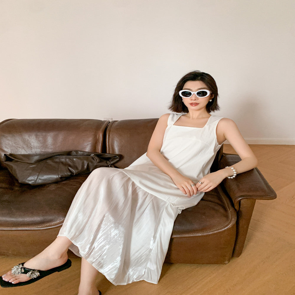 EAMODE French luxury irregular hem patchwork vest dress white fake two piece patchwork long skirt image 2