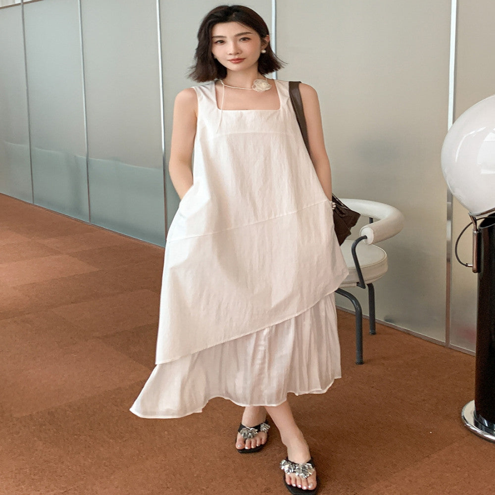 EAMODE French luxury irregular hem patchwork vest dress white fake two piece patchwork long skirt image 3