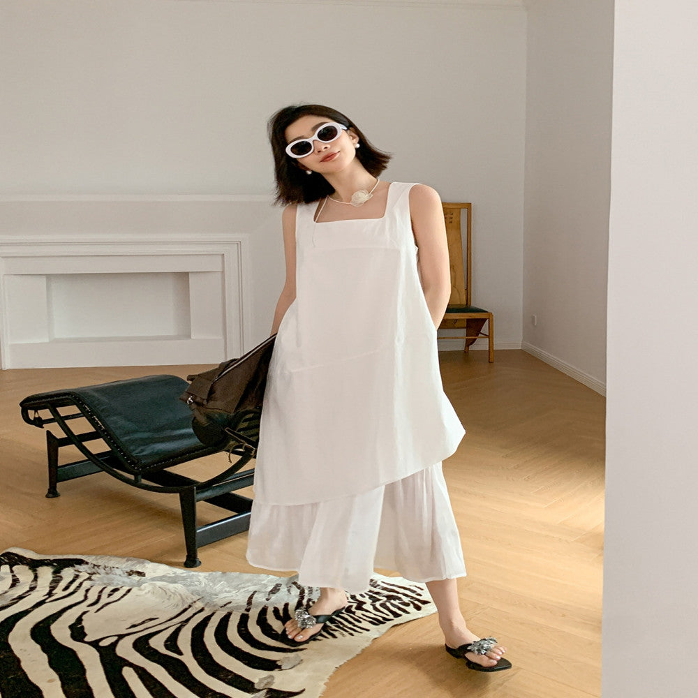 EAMODE French luxury irregular hem patchwork vest dress white fake two piece patchwork long skirt image 4