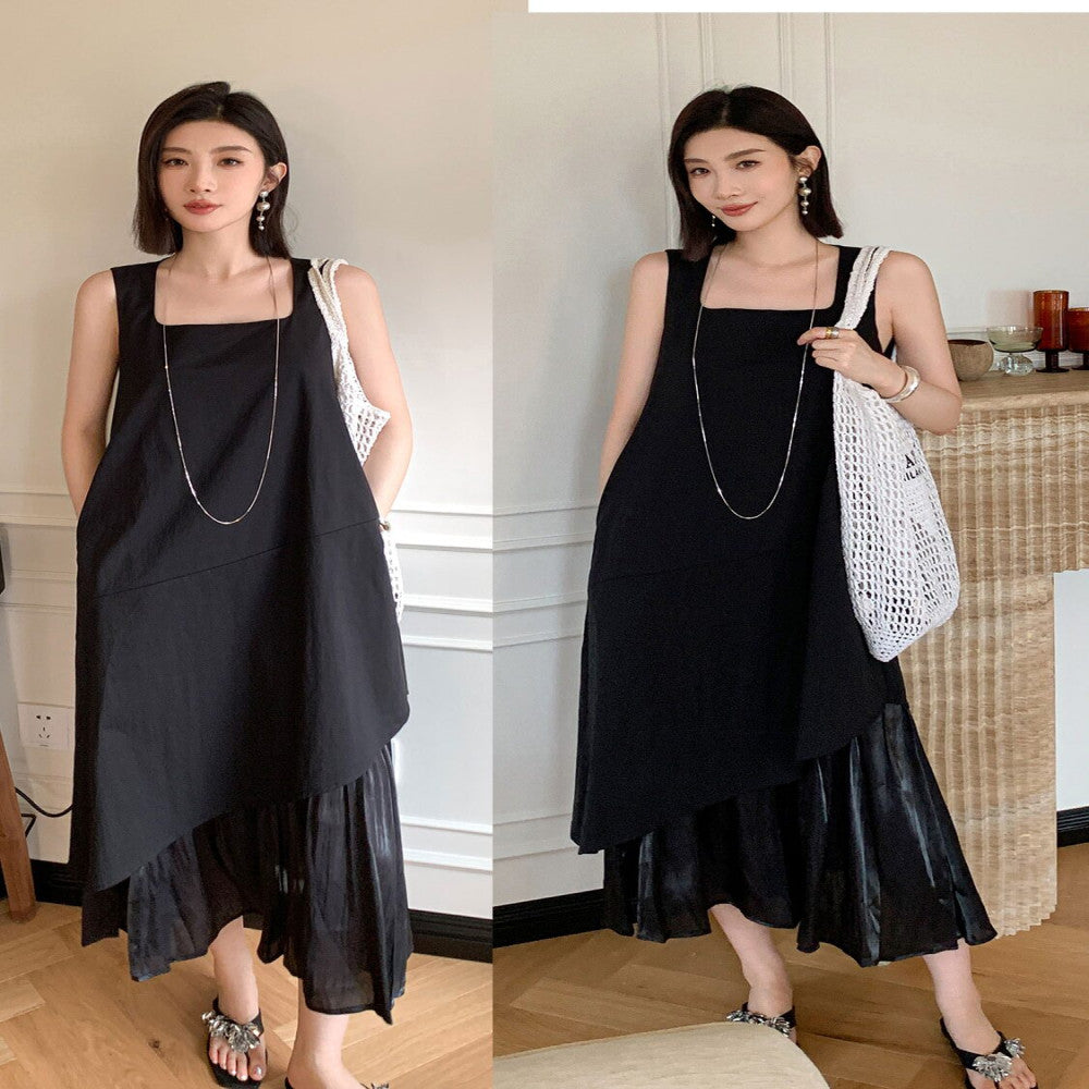 EAMODE French luxury irregular hem patchwork vest dress white fake two piece patchwork long skirt image 5