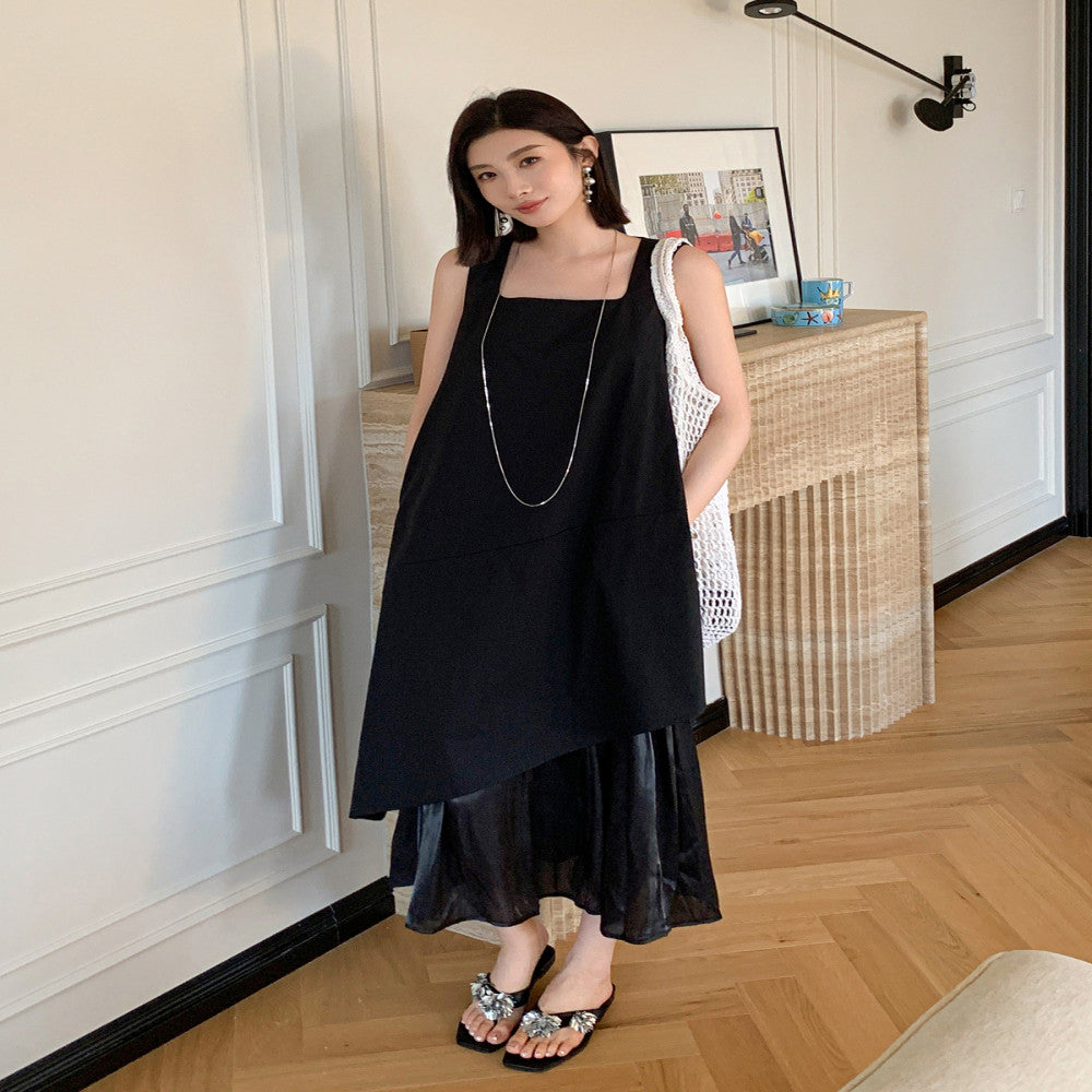 EAMODE French luxury irregular hem patchwork vest dress white fake two piece patchwork long skirt image 15