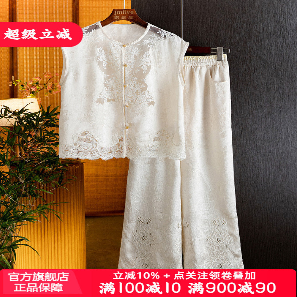 New Chinese style retro white vest pants two piece set 2025 summer new style age reducing chic suit for women image 1