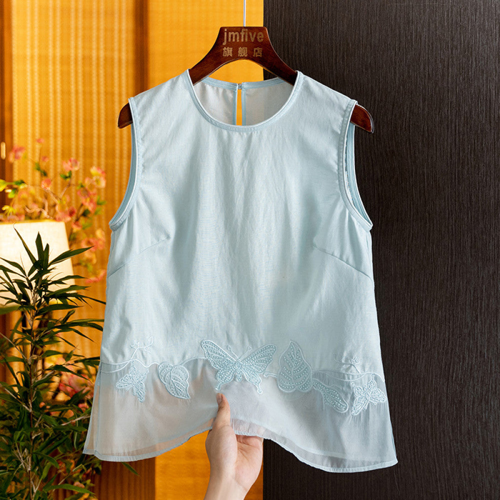 Elegant temperament linen embroidery set 2025 summer new product fashionable casual sleeveless top half skirt two piece set image 6