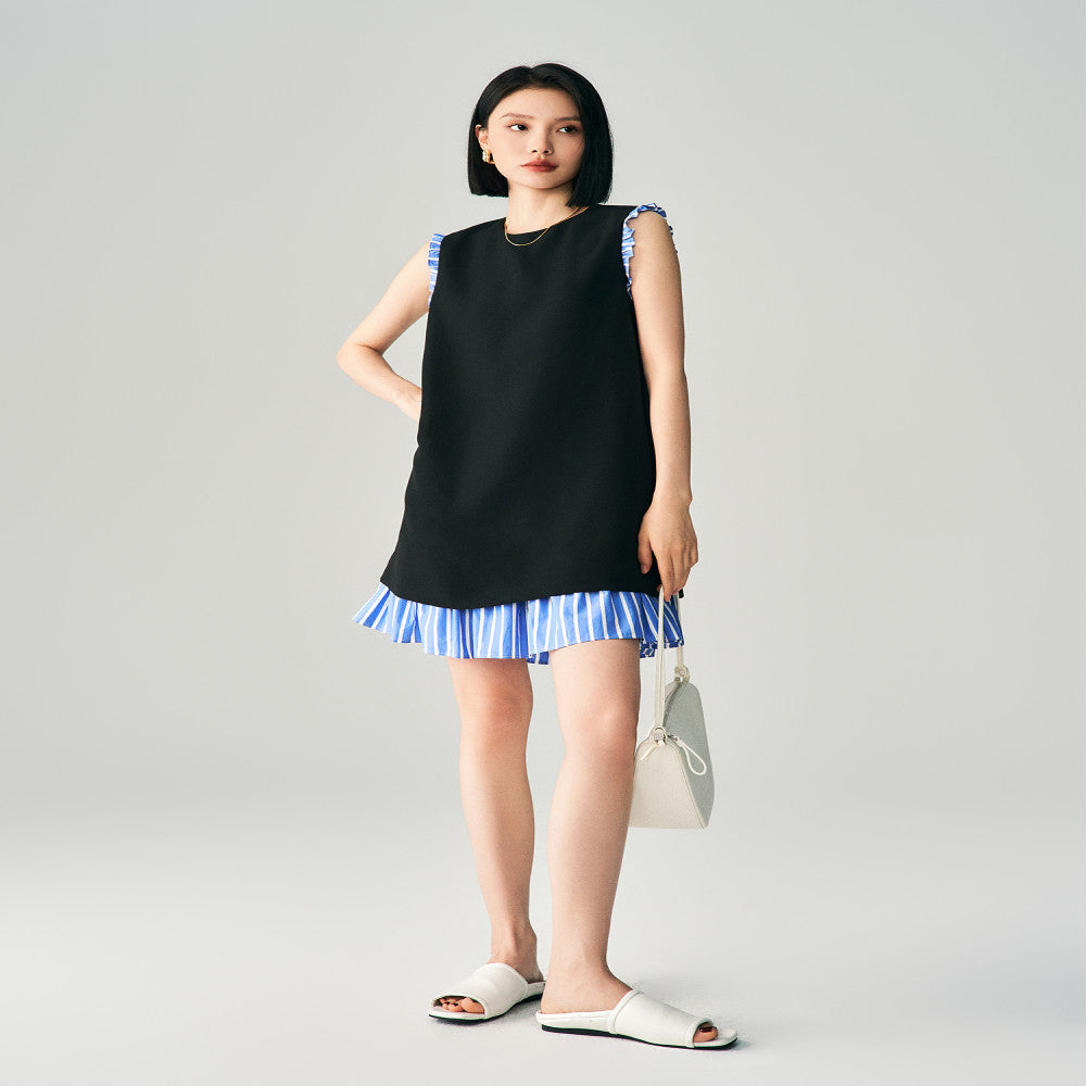 Minimalist temperament summer striped patchwork triacetate dress women s sleeveless slimming French style short vest small black skirt image 1