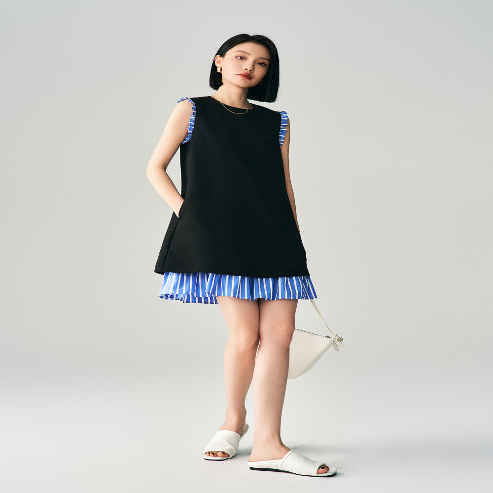 Minimalist temperament summer striped patchwork triacetate dress women s sleeveless slimming French style short vest small black skirt image 2
