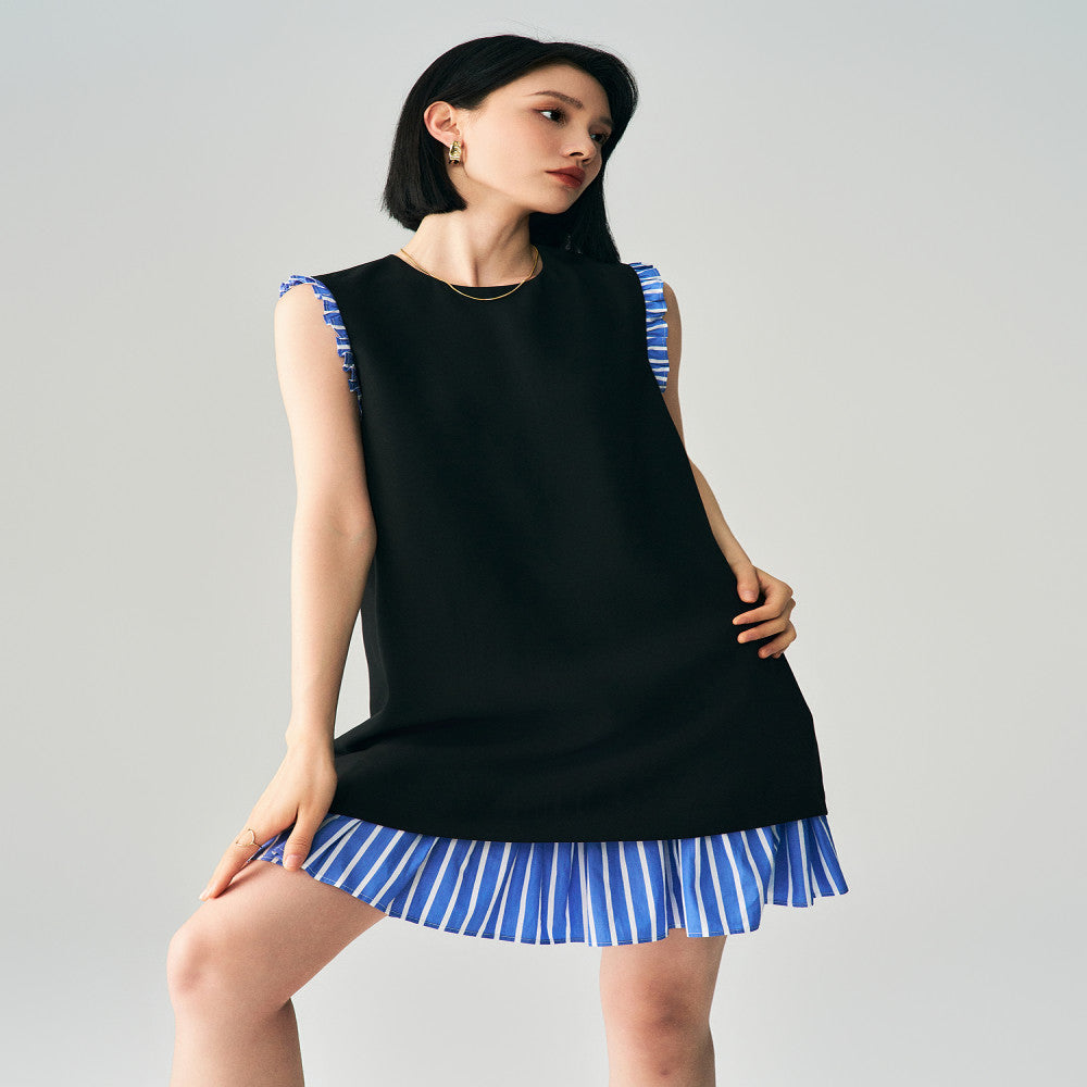 Minimalist temperament summer striped patchwork triacetate dress women s sleeveless slimming French style short vest small black skirt image 3