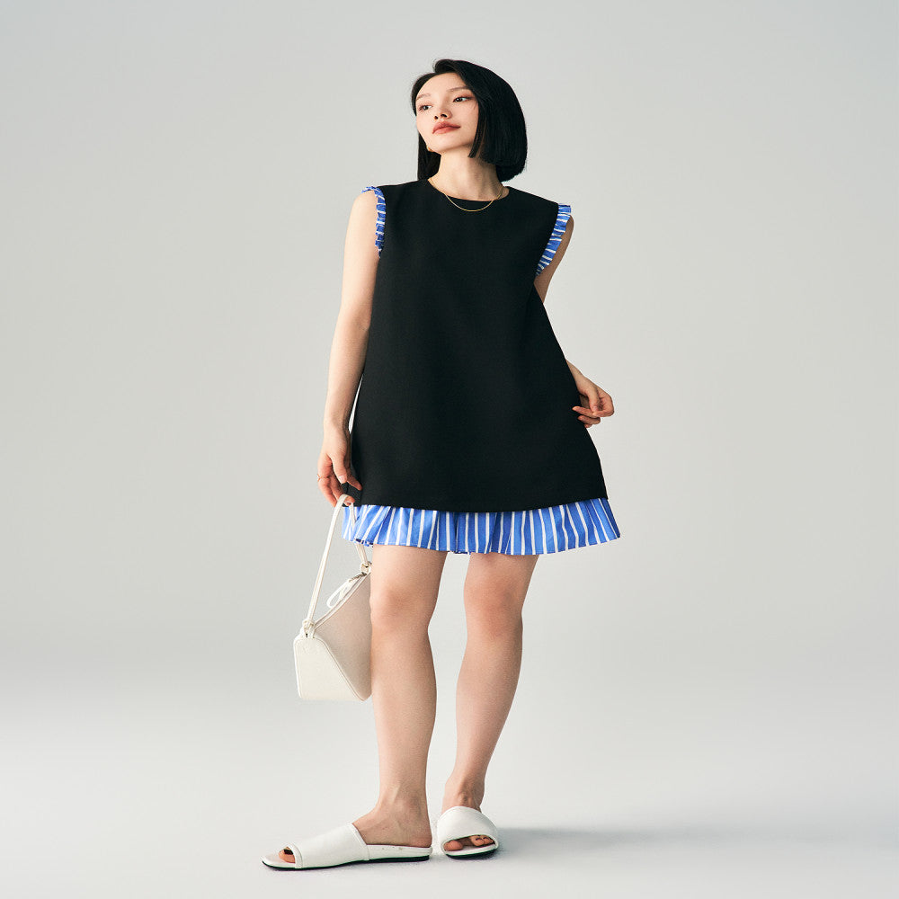 Minimalist temperament summer striped patchwork triacetate dress women s sleeveless slimming French style short vest small black skirt image 4