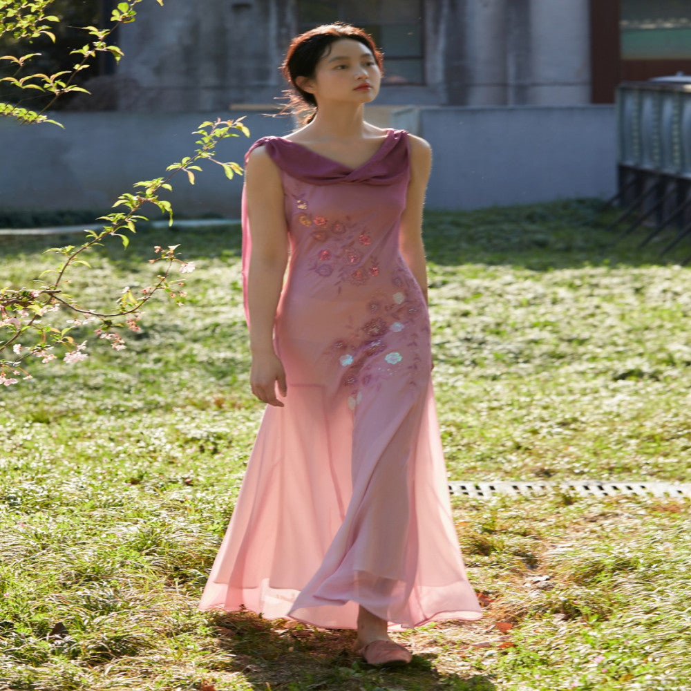 Bead Embroidery Customized Gradient Rose Pink Slant Cut Fish Tail Pendant Dress image 4