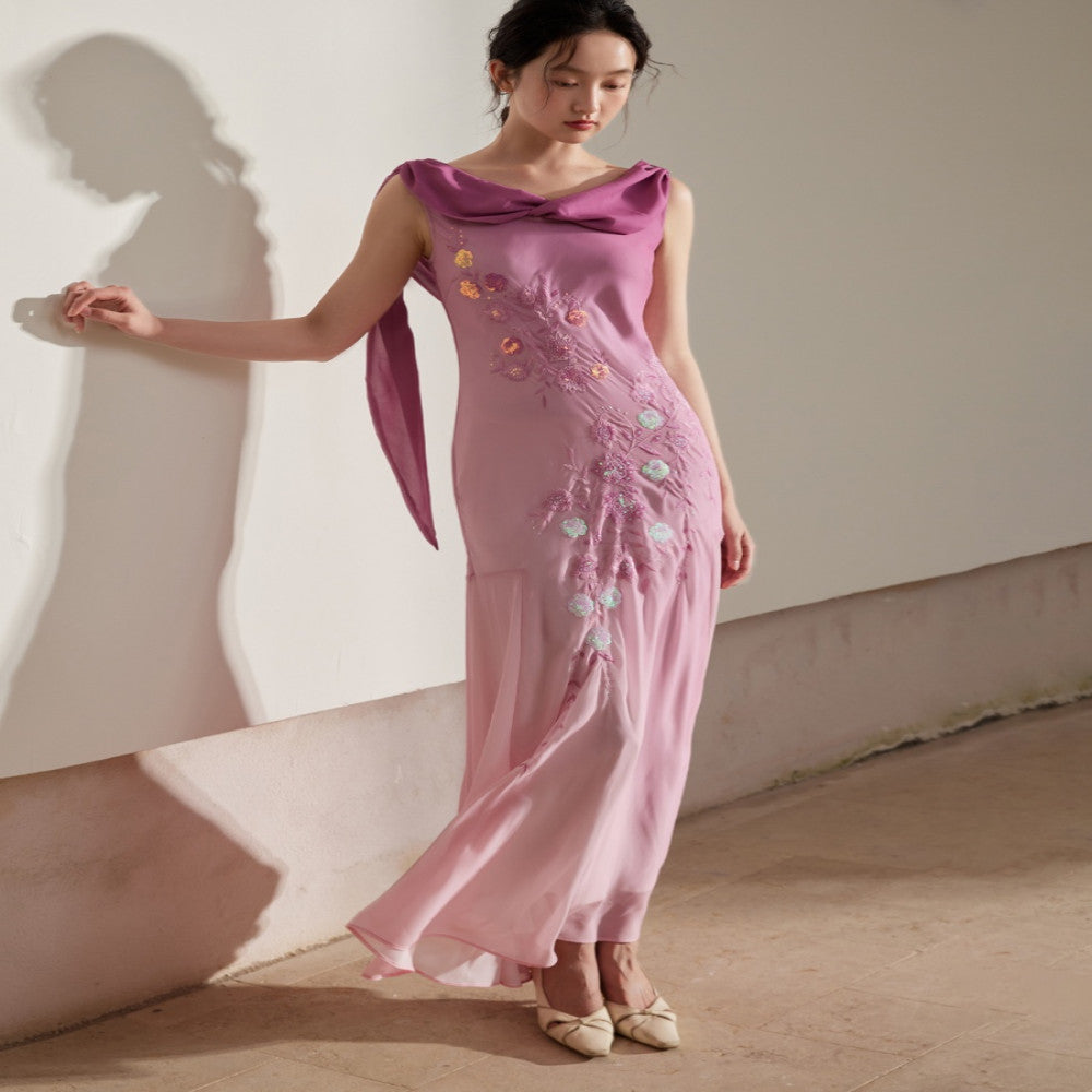 Bead Embroidery Customized Gradient Rose Pink Slant Cut Fish Tail Pendant Dress image 5