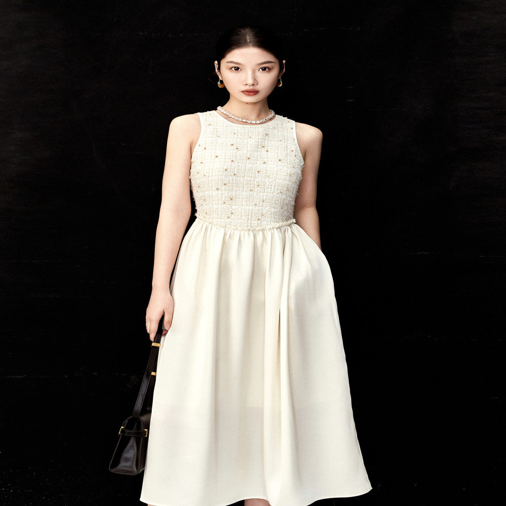 AIYUTONG Exquisite High Dinning Hemp Splicing Waist Style Big Swing Skirt White Fragrant Style Tank Top Dress for Women image 1