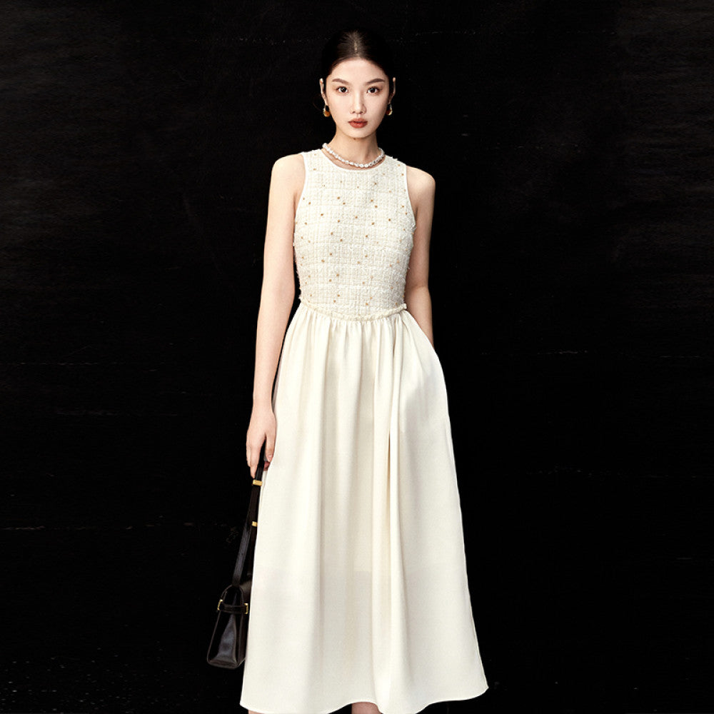 AIYUTONG Exquisite High Dinning Hemp Splicing Waist Style Big Swing Skirt White Fragrant Style Tank Top Dress for Women image 8