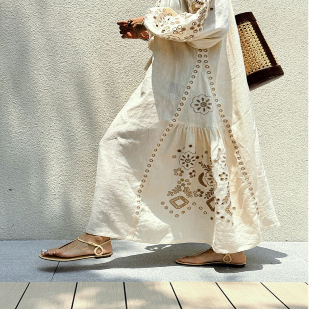 Retro Japanese style exquisite romantic beach vacation style embroidered linen dress niche design knee length long skirt image 0