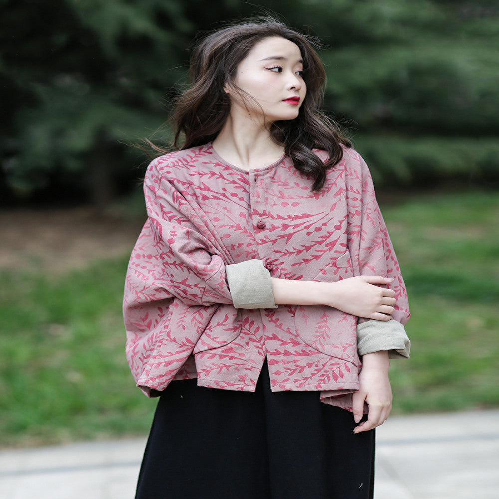 Spring cotton and linen women s clothing literary retro button round neck loose bat sleeves printed Chinese style tops ethnic style jacket image 10