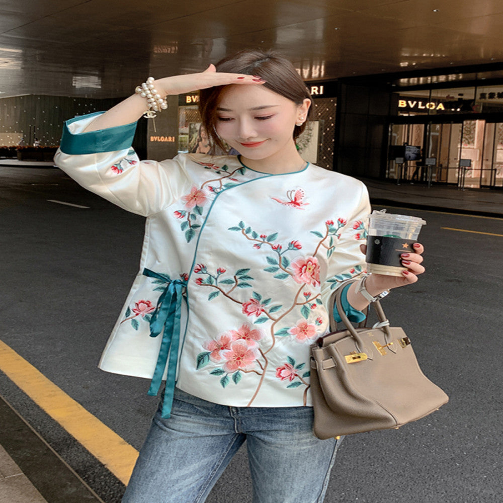 Chinese style young daily improved cheongsam tops for women high end embroidery lace up new Chinese Tang suit jacket image 13