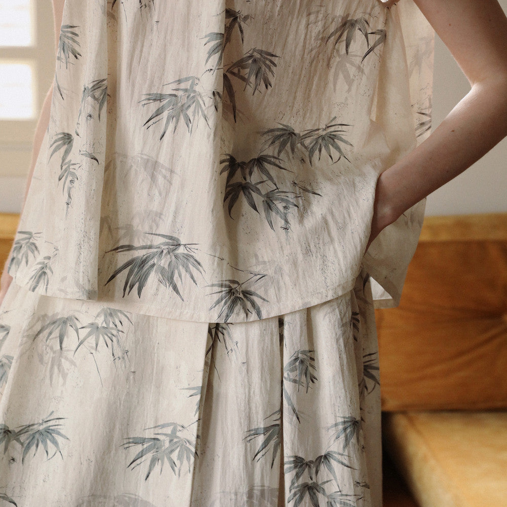 MELLIIY 2025 Summer New Chinese style Stand up Collar Ink Bamboo Shadow Shirt Improved Horse Face Skirt Two Piece Set image 3