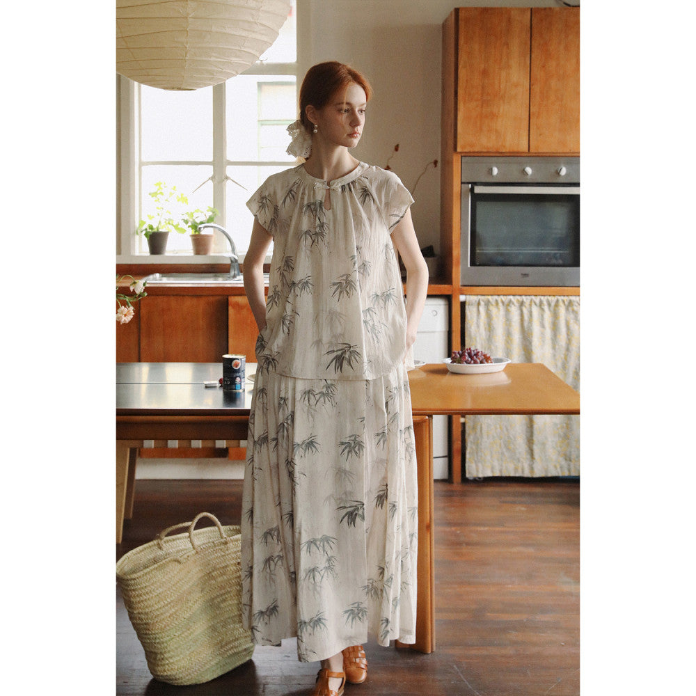 MELLIIY 2025 Summer New Chinese style Stand up Collar Ink Bamboo Shadow Shirt Improved Horse Face Skirt Two Piece Set image 19