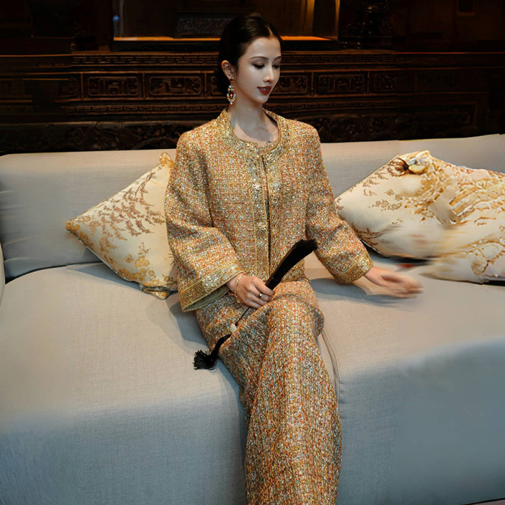 Chengyu Gaoding Zunyao Jinque New Chinese style Small Fragrance Golden Thread Flower Bead Weaving Coat Western Dress Set image 21