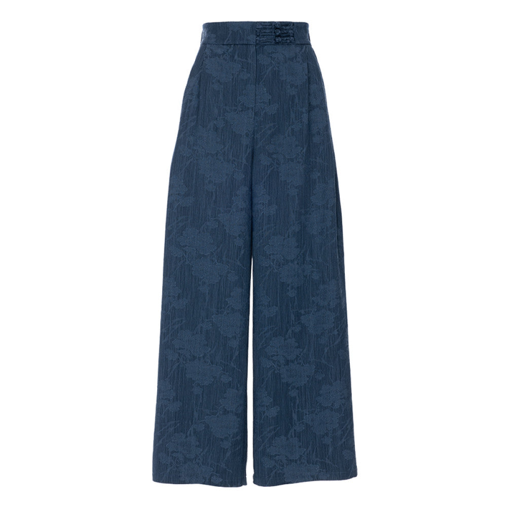 Hua Mu Shen Xin Chinese style casual pants for women new jacquard imitation denim pants blue straight leg pants buttoned wide leg pants image 16