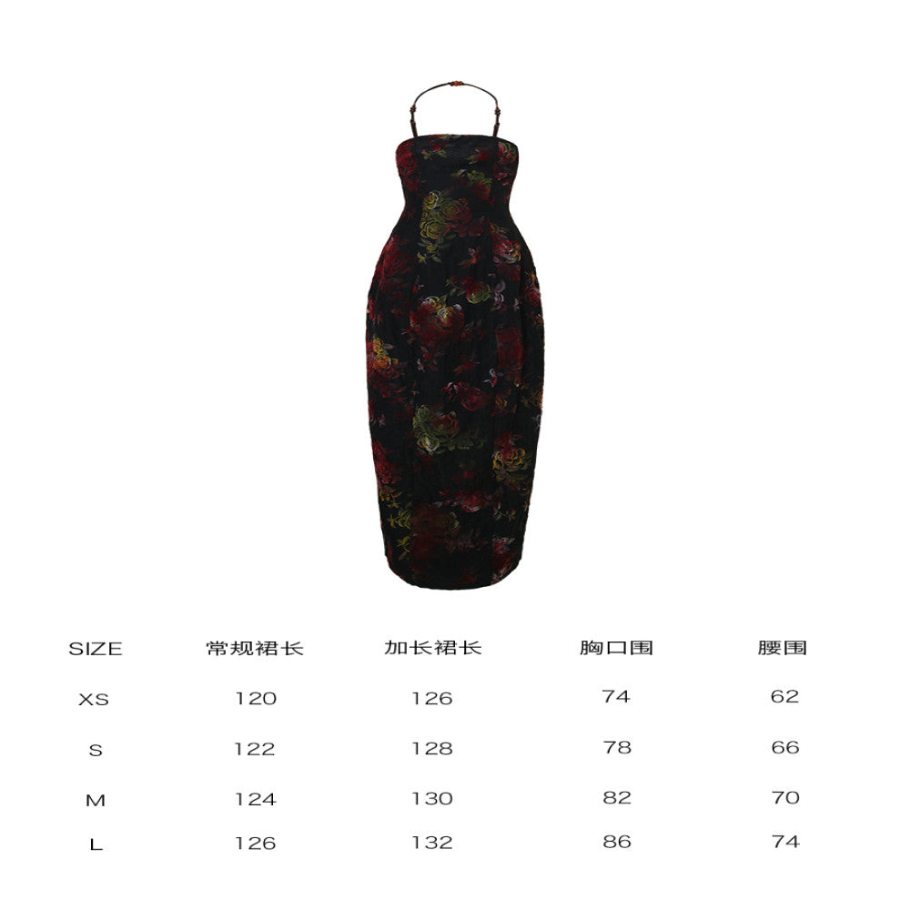 Bad taste western new Chinese style Tencel plush hanging neck retro floral suspender dress in stock image 5