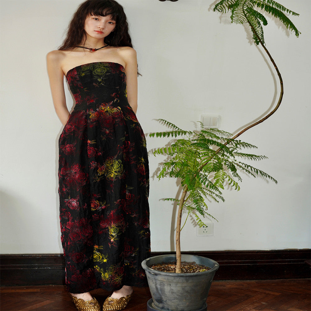 Bad taste western new Chinese style Tencel plush hanging neck retro floral suspender dress in stock image 6