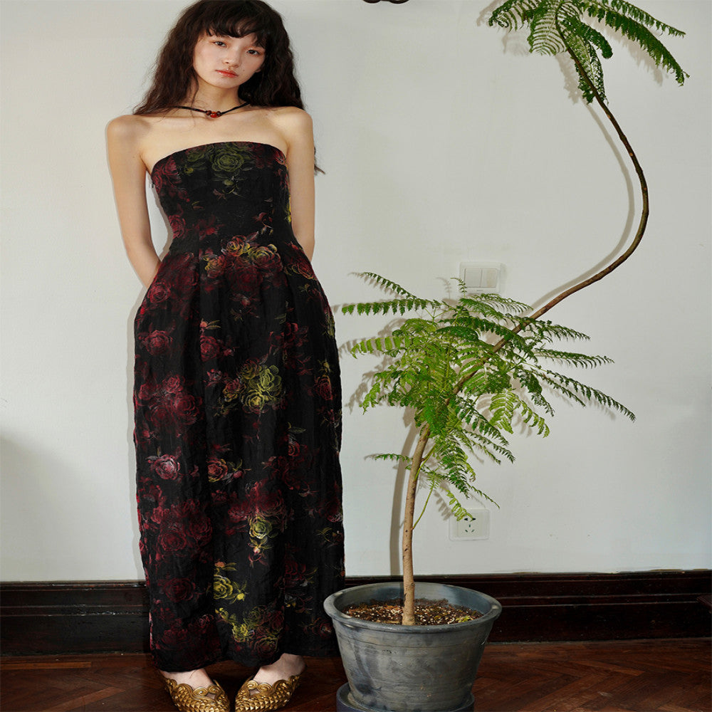 Bad taste western new Chinese style Tencel plush hanging neck retro floral suspender dress in stock image 24